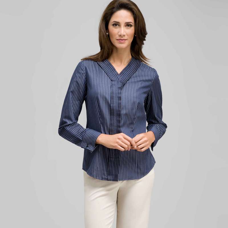 Striped Pleated Ruffle Front Shirt, Admiral Navy & White, large image number 0
